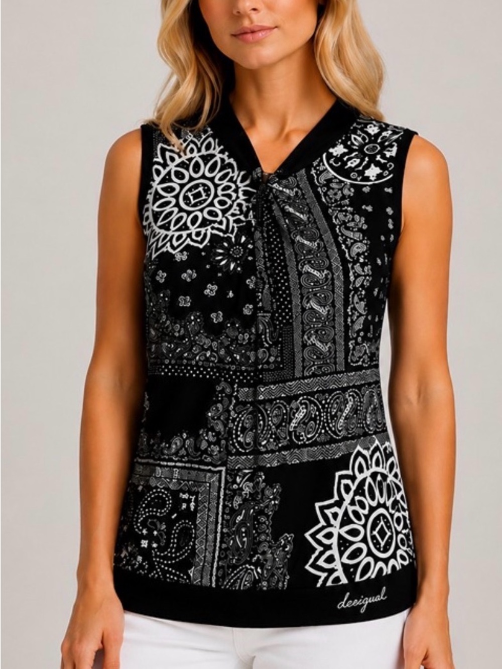 Desigual Black & White Print Sleeveless High Neck Top with metal stud detail